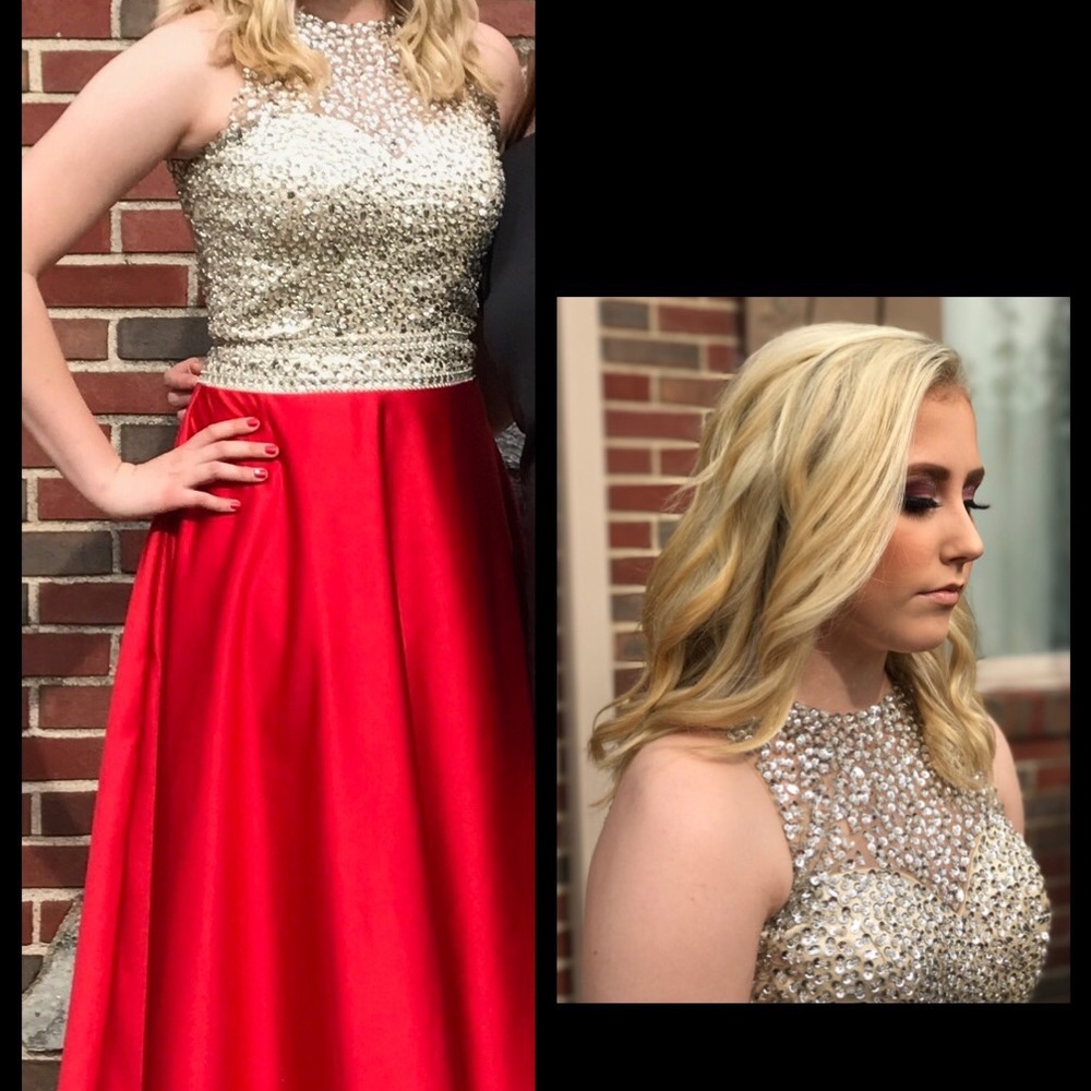 Rhinestone Red Prom Gown with Pockets